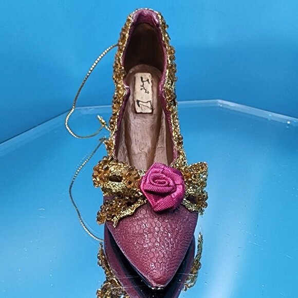 Victorian Purple Shoe Ornaments with Roses Gold Trim Ribbons Old Hollywood Style - Picture 8 of 10